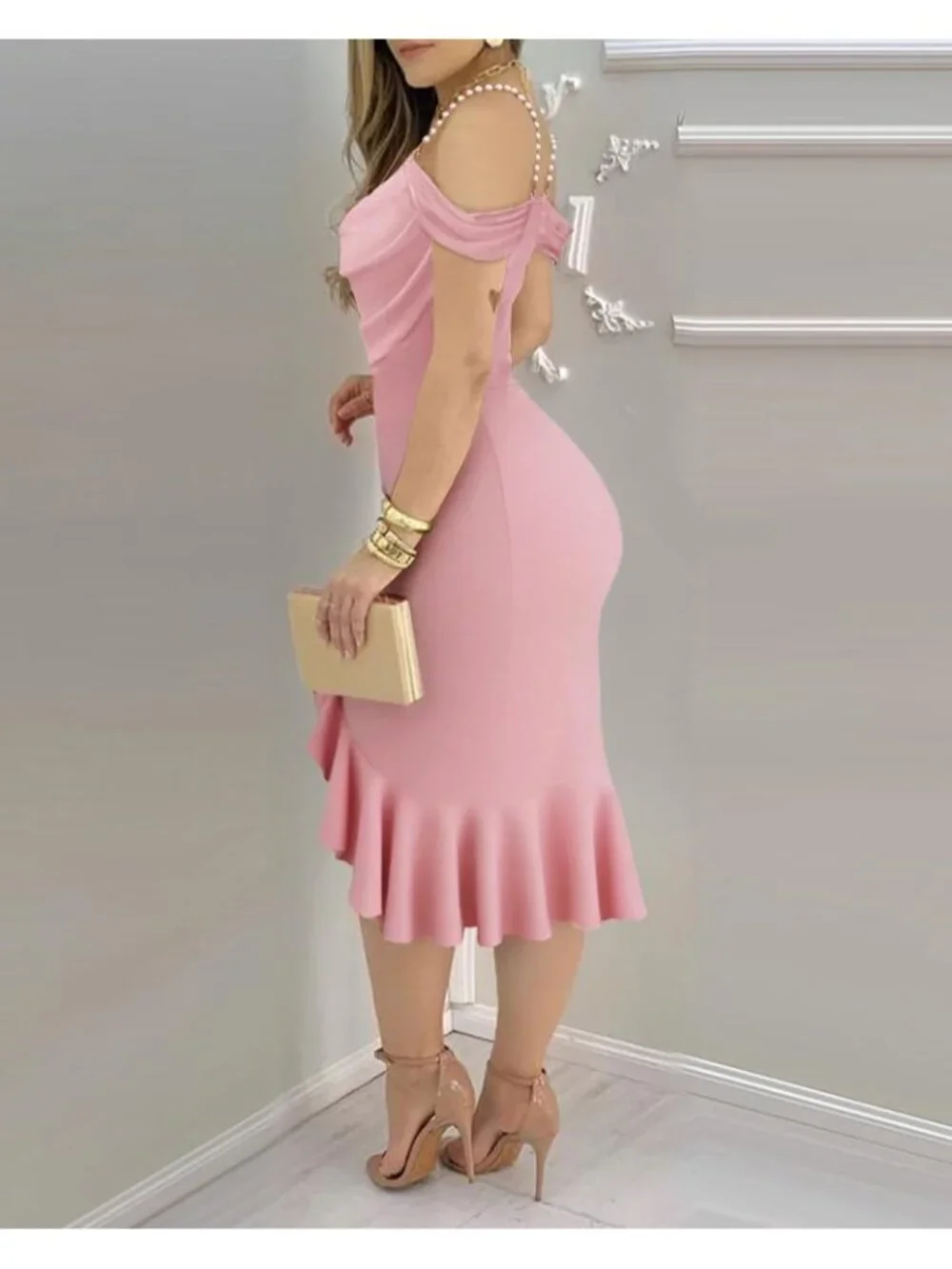 👗Women's Pink Off Shoulder Design Cocktail  Pearls Strap Bodycon Midi Dress